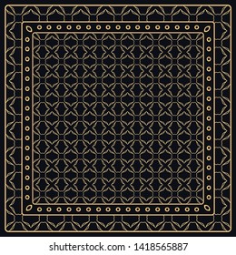 Black and gold abstract graphic pattern. Geometric ornament with frame, border. Line art, lace, embroidery background. Bandanna, shawl, scarf, tablecloth design for textile fabric print
