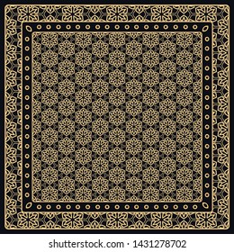 Black and gold abstract graphic pattern. Geometric ornament with frame, border. Line art, lace, embroidery background. Bandanna, shawl, scarf, tablecloth design for textile fabric print