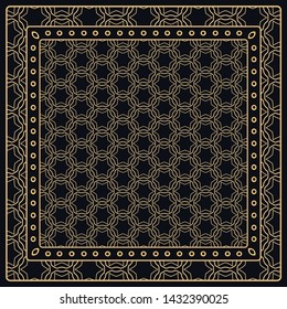 Black and gold abstract graphic pattern. Geometric ornament with frame, border. Line art, lace, embroidery background. Bandanna, shawl, scarf, tablecloth design for textile fabric print