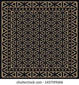 Black and gold abstract graphic pattern. Geometric ornament with frame, border. Line art, lace, embroidery background. Bandanna, shawl, scarf, tablecloth design for textile fabric print