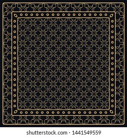 Black and gold abstract graphic pattern. Geometric ornament with frame, border. Line art, lace, embroidery background. Bandanna, shawl, scarf, tablecloth design for textile fabric print