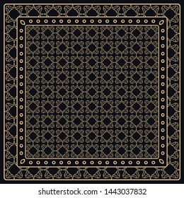 Black and gold abstract graphic pattern. Geometric ornament with frame, border. Line art, lace, embroidery background. Bandanna, shawl, scarf, tablecloth design for textile fabric print