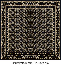 Black and gold abstract graphic pattern. Geometric ornament with frame, border. Line art, lace, embroidery background. Bandanna, shawl, scarf, tablecloth design for textile fabric print