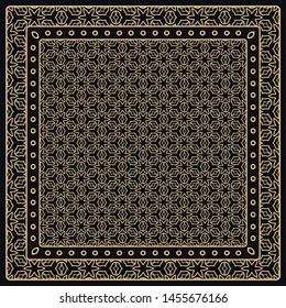 Black and gold abstract graphic pattern. Geometric ornament with frame, border. Line art, lace, embroidery background. Bandanna, shawl, scarf, tablecloth design for textile fabric print