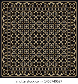 Black and gold abstract graphic pattern. Geometric ornament with frame, border. Line art, lace, embroidery background. Bandanna, shawl, scarf, tablecloth design for textile fabric print