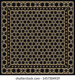 Black and gold abstract graphic pattern. Geometric ornament with frame, border. Line art, lace, embroidery background. Bandanna, shawl, scarf, tablecloth design for textile fabric print