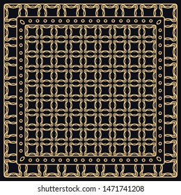 Black and gold abstract graphic pattern. Geometric ornament with frame, border. Line art, lace, embroidery background. Bandanna, shawl, scarf, tablecloth design for textile fabric print