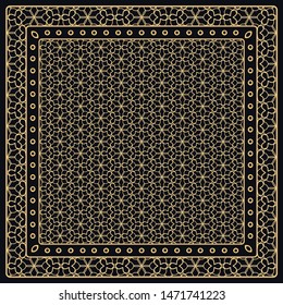 Black and gold abstract graphic pattern. Geometric ornament with frame, border. Line art, lace, embroidery background. Bandanna, shawl, scarf, tablecloth design for textile fabric print