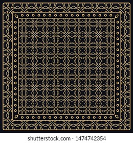 Black and gold abstract graphic pattern. Geometric ornament with frame, border. Line art, lace, embroidery background. Bandanna, shawl, scarf, tablecloth design for textile fabric print