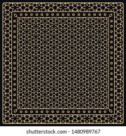 Black and gold abstract graphic pattern. Geometric ornament with frame, border. Line art, lace, embroidery background. Bandanna, shawl, scarf, tablecloth design for textile fabric print