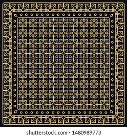 Black and gold abstract graphic pattern. Geometric ornament with frame, border. Line art, lace, embroidery background. Bandanna, shawl, scarf, tablecloth design for textile fabric print
