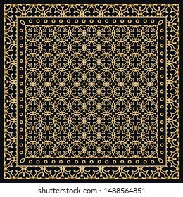 Black and gold abstract graphic pattern. Geometric ornament with frame, border. Line art, lace, embroidery background. Bandanna, shawl, scarf, tablecloth design for textile fabric print