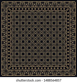 Black and gold abstract graphic pattern. Geometric ornament with frame, border. Line art, lace, embroidery background. Bandanna, shawl, scarf, tablecloth design for textile fabric print