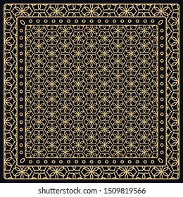 Black and gold abstract graphic pattern. Geometric ornament with frame, border. Line art, lace, embroidery background. Bandanna, shawl, scarf, tablecloth design for textile fabric print