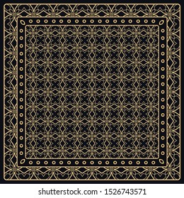 Black and gold abstract graphic pattern. Geometric ornament with frame, border. Line art, lace, embroidery background. Bandanna, shawl, scarf, tablecloth design for textile fabric print