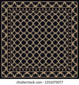 Black and gold abstract graphic pattern. Geometric ornament with frame, border. Line art, lace, embroidery background. Bandanna, shawl, scarf, tablecloth design for textile fabric print