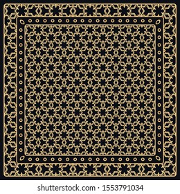 Black and gold abstract graphic pattern. Geometric ornament with frame, border. Line art, lace, embroidery background. Bandanna, shawl, scarf, tablecloth design for textile fabric print