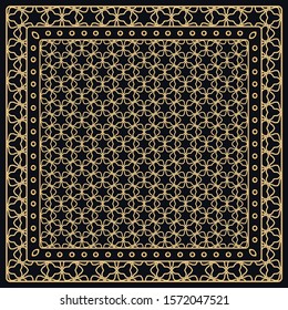 Black and gold abstract graphic pattern. Geometric ornament with frame, border. Line art, lace, embroidery background. Bandanna, shawl, scarf, tablecloth design for textile fabric print