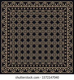 Black and gold abstract graphic pattern. Geometric ornament with frame, border. Line art, lace, embroidery background. Bandanna, shawl, scarf, tablecloth design for textile fabric print