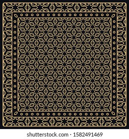 Black and gold abstract graphic pattern. Geometric ornament with frame, border. Line art, lace, embroidery background. Bandanna, shawl, scarf, tablecloth design for textile fabric print