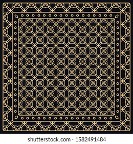 Black and gold abstract graphic pattern. Geometric ornament with frame, border. Line art, lace, embroidery background. Bandanna, shawl, scarf, tablecloth design for textile fabric print
