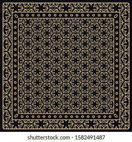 Black and gold abstract graphic pattern. Geometric ornament with frame, border. Line art, lace, embroidery background. Bandanna, shawl, scarf, tablecloth design for textile fabric print