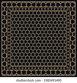 Black and gold abstract graphic pattern. Geometric ornament with frame, border. Line art, lace, embroidery background. Bandanna, shawl, scarf, tablecloth design for textile fabric print
