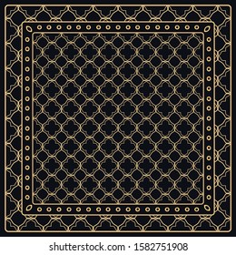 Black and gold abstract graphic pattern. Geometric ornament with frame, border. Line art, lace, embroidery background. Bandanna, shawl, scarf, tablecloth design for textile fabric print