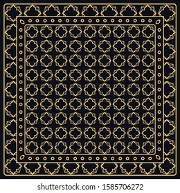 Black and gold abstract graphic pattern. Geometric ornament with frame, border. Line art, lace, embroidery background. Bandanna, shawl, scarf, tablecloth design for textile fabric print