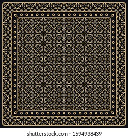 Black and gold abstract graphic pattern. Geometric ornament with frame, border. Line art, lace, embroidery background. Bandanna, shawl, scarf, tablecloth design for textile fabric print