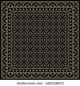Black and gold abstract graphic pattern. Geometric ornament with frame, border. Line art, lace, embroidery background. Bandanna, shawl, scarf, tablecloth design for textile fabric print