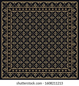 Black and gold abstract graphic pattern. Geometric ornament with frame, border. Line art, lace, embroidery background. Bandanna, shawl, scarf, tablecloth design for textile fabric print