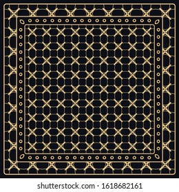 Black and gold abstract graphic pattern. Geometric ornament with frame, border. Line art, lace, embroidery background. Bandanna, shawl, scarf, tablecloth design for textile fabric print