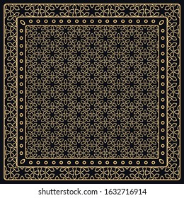 Black and gold abstract graphic pattern. Geometric ornament with frame, border. Line art, lace, embroidery background. Bandanna, shawl, scarf, tablecloth design for textile fabric print