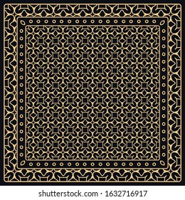Black and gold abstract graphic pattern. Geometric ornament with frame, border. Line art, lace, embroidery background. Bandanna, shawl, scarf, tablecloth design for textile fabric print