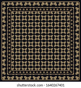 Black and gold abstract graphic pattern. Geometric ornament with frame, border. Line art, lace, embroidery background. Bandanna, shawl, scarf, tablecloth design for textile fabric print