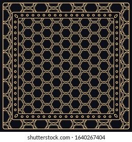 Black and gold abstract graphic pattern. Geometric ornament with frame, border. Line art, lace, embroidery background. Bandanna, shawl, scarf, tablecloth design for textile fabric print