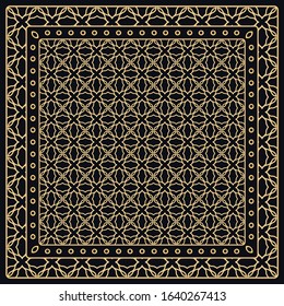 Black and gold abstract graphic pattern. Geometric ornament with frame, border. Line art, lace, embroidery background. Bandanna, shawl, scarf, tablecloth design for textile fabric print