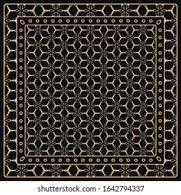 Black and gold abstract graphic pattern. Geometric ornament with frame, border. Line art, lace, embroidery background. Bandanna, shawl, scarf, tablecloth design for textile fabric print