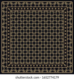 Patrón gráfico abstracto de color negro y oro.Ornamento geométrico con marco, borde. Línea de arte, encaje, fondo bordado. Banana, chal, pañuelo, mantel.