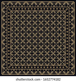 Black and gold abstract graphic pattern. Geometric ornament with frame, border. Line art, lace, embroidery background. Bandanna, shawl, scarf, tablecloth design for textile fabric print