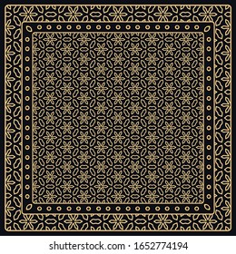 Black and gold abstract graphic pattern. Geometric ornament with frame, border. Line art, lace, embroidery background. Bandanna, shawl, scarf, tablecloth design for textile fabric print