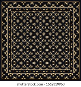 Patrón gráfico abstracto de color negro y oro.Ornamento geométrico con marco, borde. Línea de arte, encaje, fondo bordado. Banana, chal, pañuelo, mantel.
