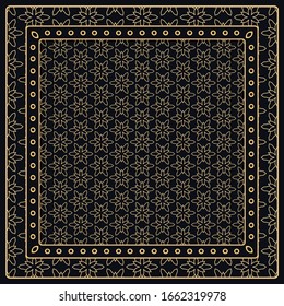 Black and gold abstract graphic pattern. Geometric ornament with frame, border. Line art, lace, embroidery background. Bandanna, shawl, scarf, tablecloth design for textile fabric print