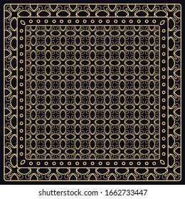 Black and gold abstract graphic pattern. Geometric ornament with frame, border. Line art, lace, embroidery background. Bandanna, shawl, scarf, tablecloth design for textile fabric print