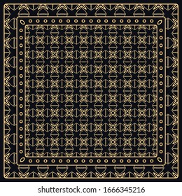 Black and gold abstract graphic pattern. Geometric ornament with frame, border. Line art, lace, embroidery background. Bandanna, shawl, scarf, tablecloth design for textile fabric print