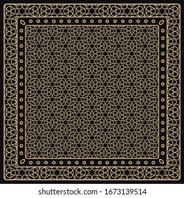 Black and gold abstract graphic pattern. Geometric ornament with frame, border. Line art, lace, embroidery background. Bandanna, shawl, scarf, tablecloth design for textile fabric print