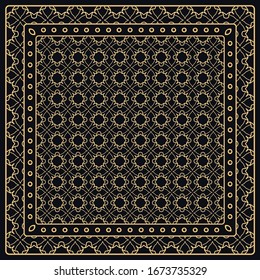 Patrón gráfico abstracto de color negro y oro. Ornamento geométrico con marco, borde. Línea de arte, encaje, fondo bordado. Banana, chal, pañuelo, mantel.
