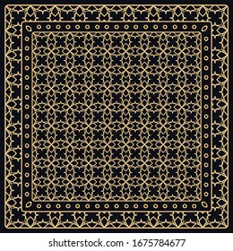 Black and gold abstract graphic pattern. Geometric ornament with frame, border. Line art, lace, embroidery background. Bandanna, shawl, scarf, tablecloth design for textile fabric print