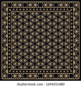 Patrón gráfico abstracto de color negro y oro. Ornamento geométrico con marco, borde. Línea de arte, encaje, fondo bordado. Banana, chal, pañuelo, mantel.